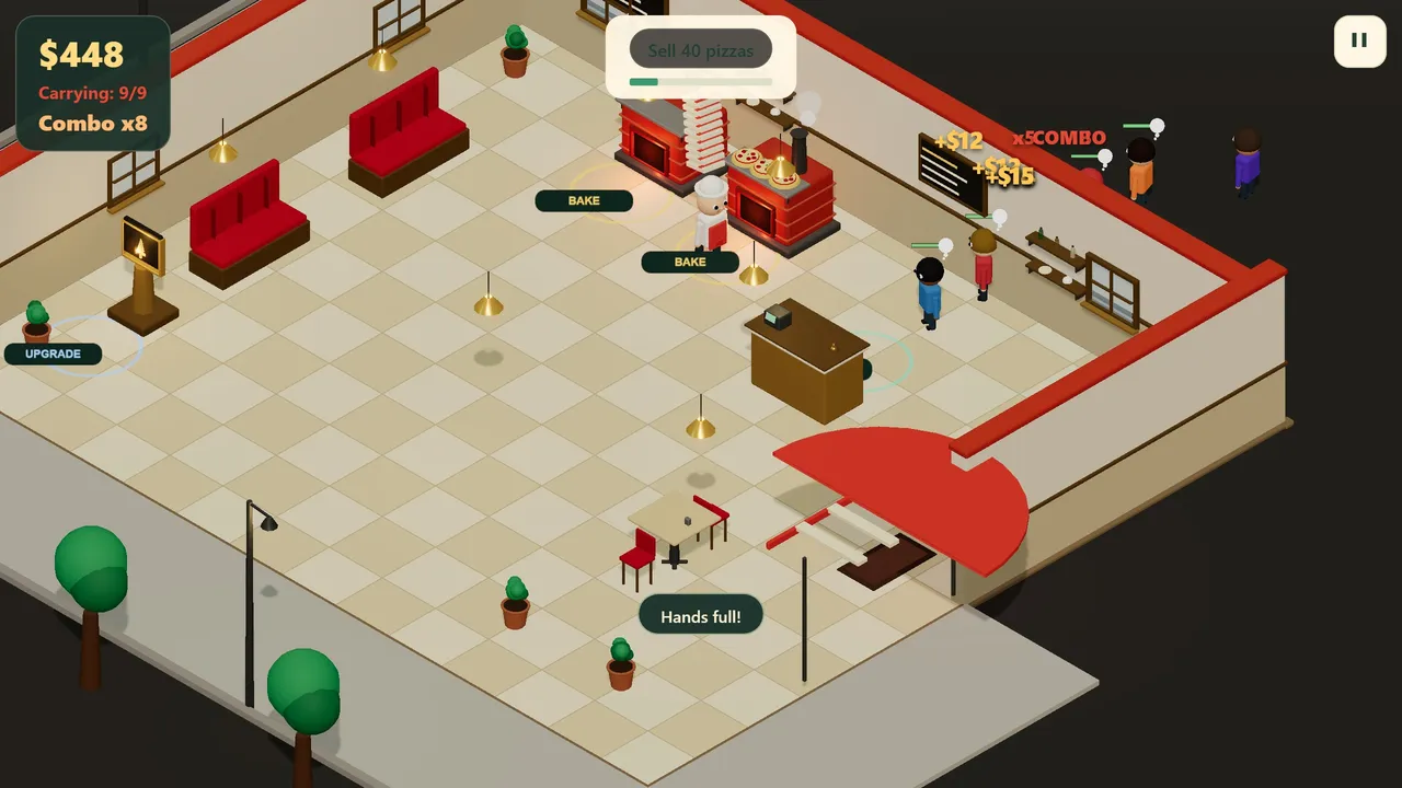 Isometric 3D pizzeria with a chef carrying 9 pizzas, two ovens baking, a queue of customers and a combo of 8